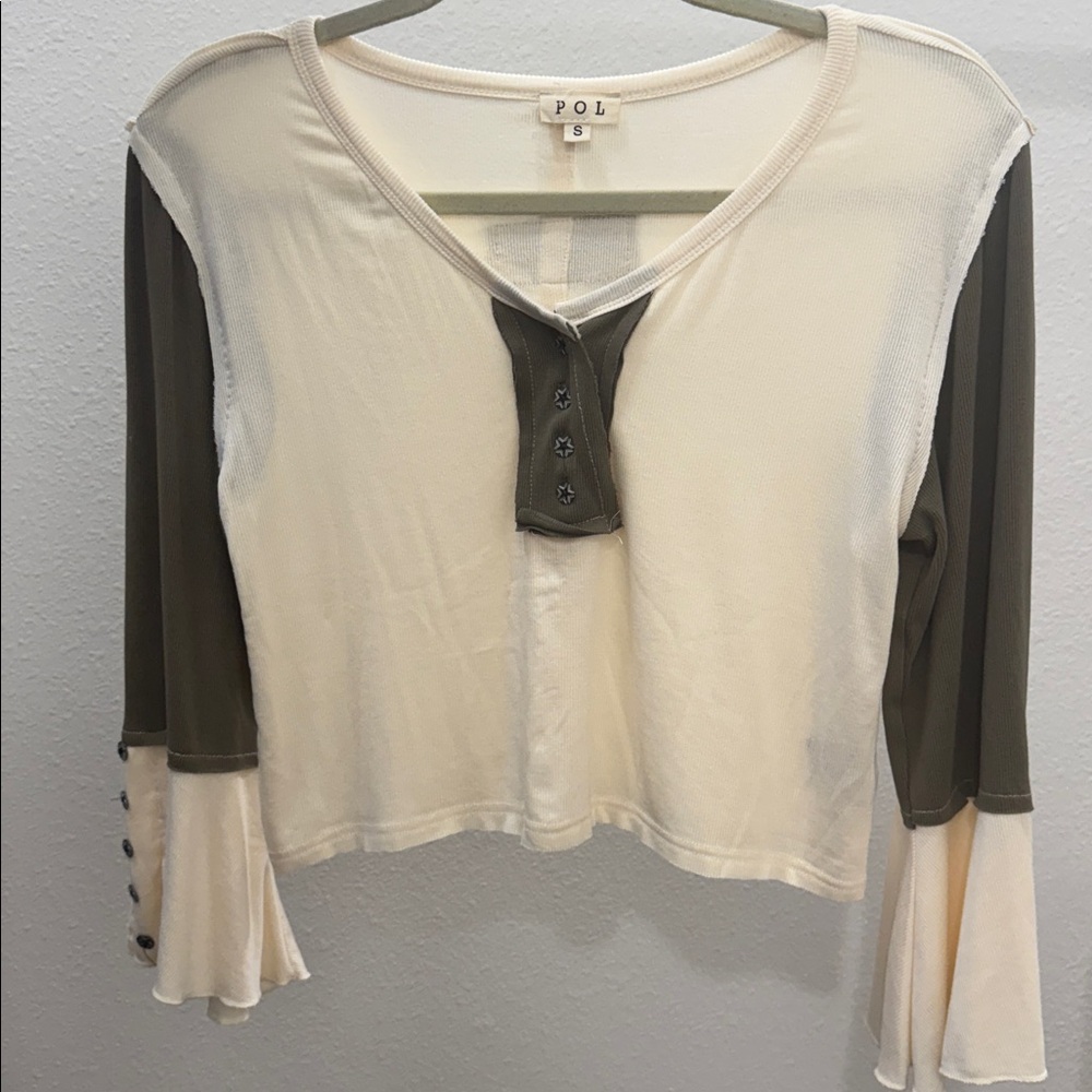 POL Cream and Olive Buttoned Sleeve Top